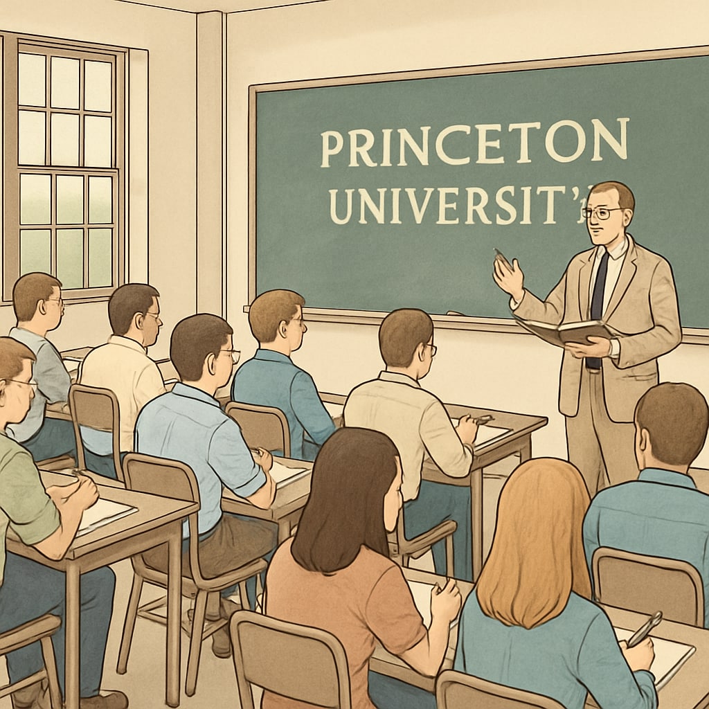 A classroom at Princeton University filled with students and a professor lecturing, illustrating the traditional yet debated teaching methods of Ivy League schools. Princeton University classroom showcasing Ivy League teaching methods.