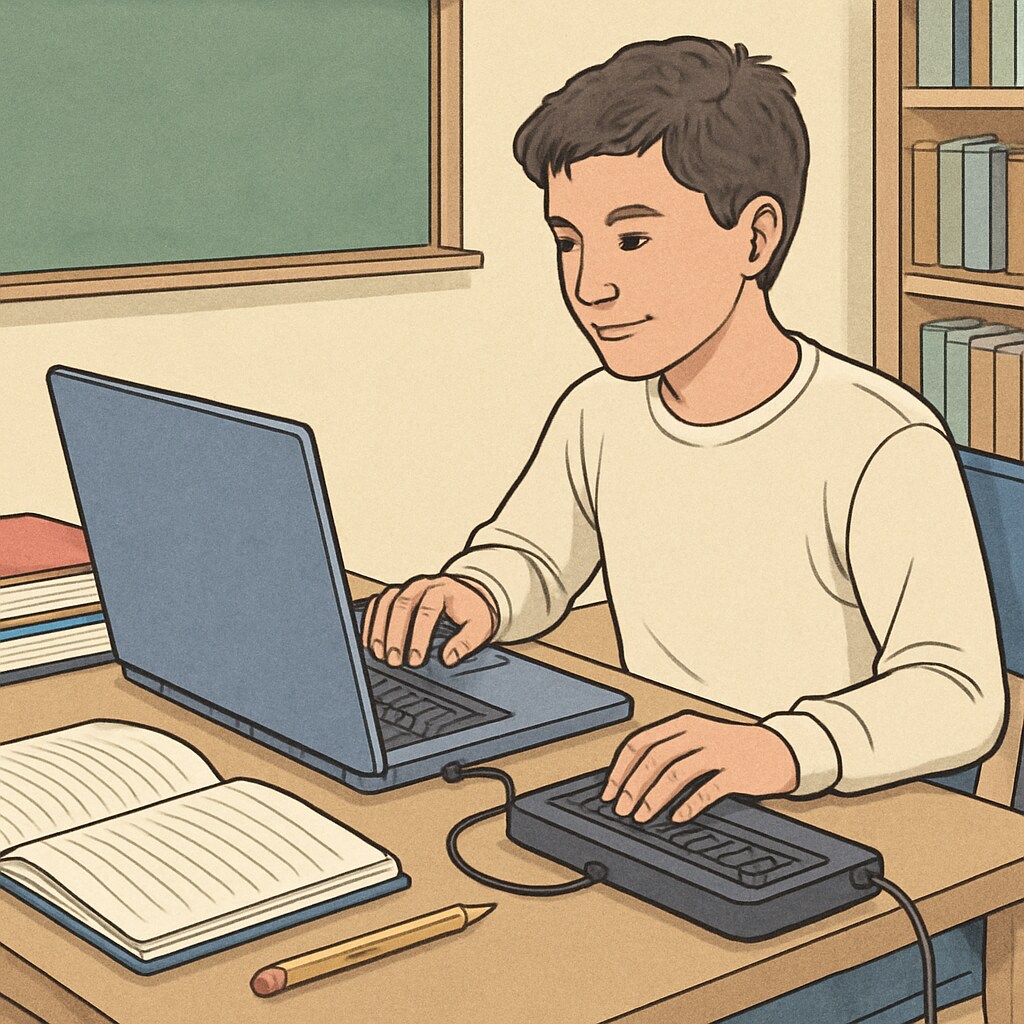 A student using a laptop with assistive technology, symbolizing the role of modern tools in overcoming educational barriers. Student using assistive technology to overcome learning challenges.