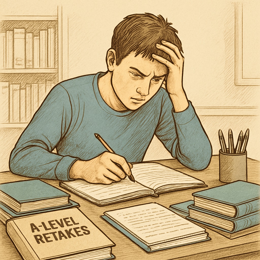 A student revising for A-level retakes, surrounded by textbooks and study materials. The image conveys determination and focus during exam preparation. A student preparing for A-level retakes with books and notes.
