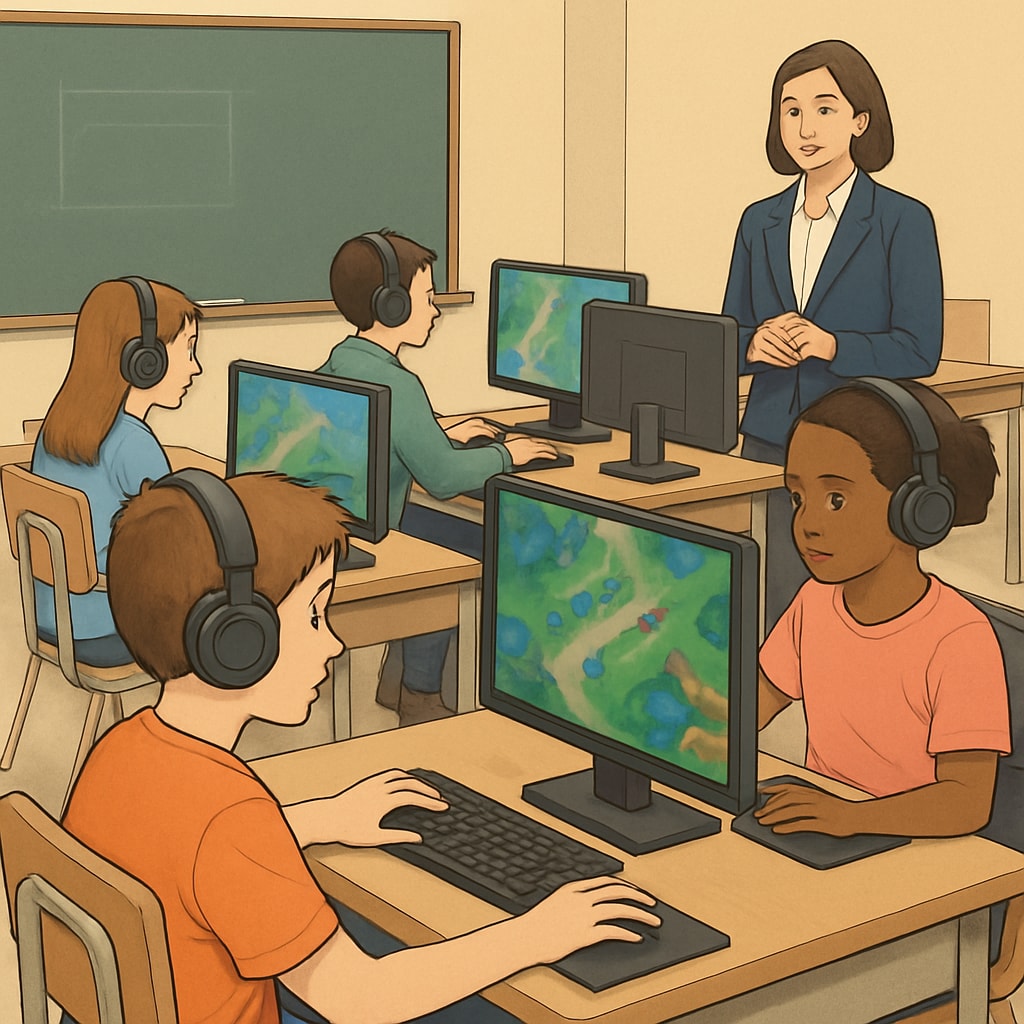 A classroom setting with students using computers to engage in esports-based learning activities, showcasing the fusion of education and gaming. Esports education in a classroom setting with students actively participating.