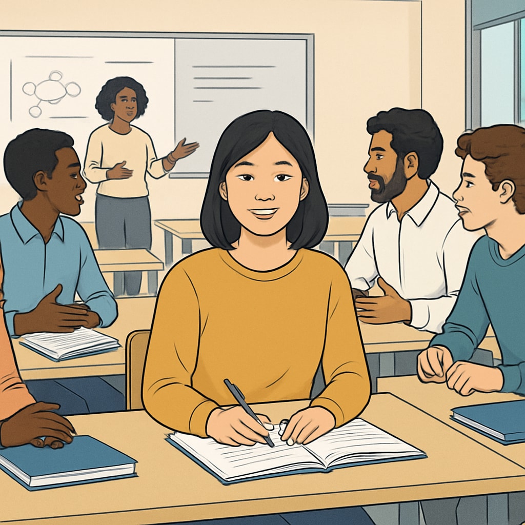 An international student attending a foundation course seminar with diverse classmates. The image highlights global academic diversity and collaboration. International students participating in a foundation year seminar.
