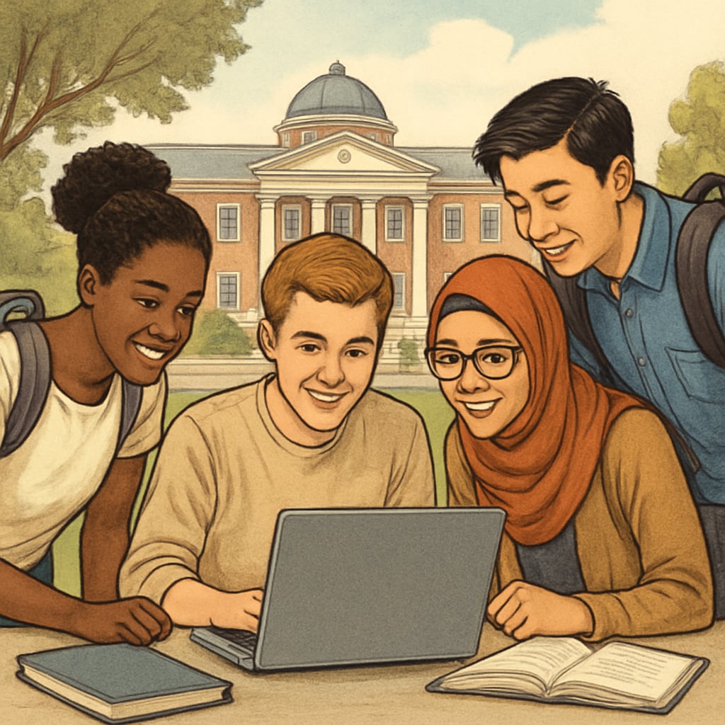 A group of diverse students collaborating around a laptop on a university campus, symbolizing teamwork and learning groups. Students collaborating on a university campus, representing learning groups.