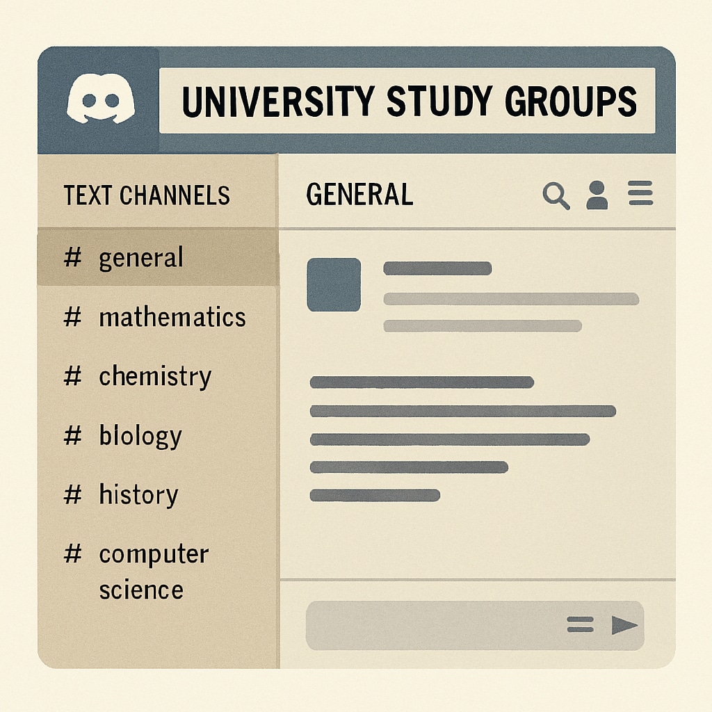 A screenshot of a well-organized Discord server for university study groups, showing subject-specific channels. Organized Discord server for university study groups.