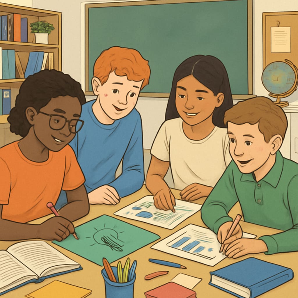 A group of students in a classroom working collaboratively on a creative project, symbolizing the shift from rote learning to innovation. Students collaborating on a project, representing new education methods.