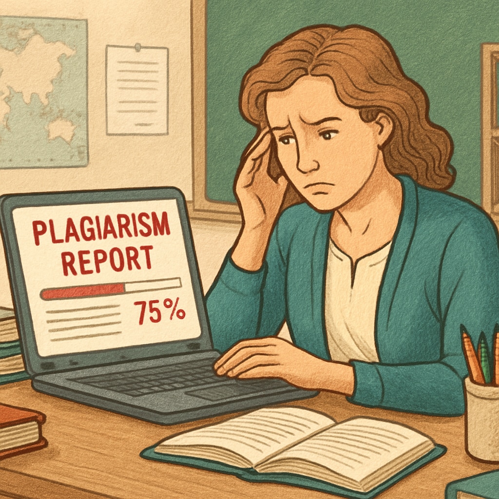 A teacher reviewing a plagiarism detection report on a laptop, looking concerned. Teacher reviewing a plagiarism detection report for potential errors.
