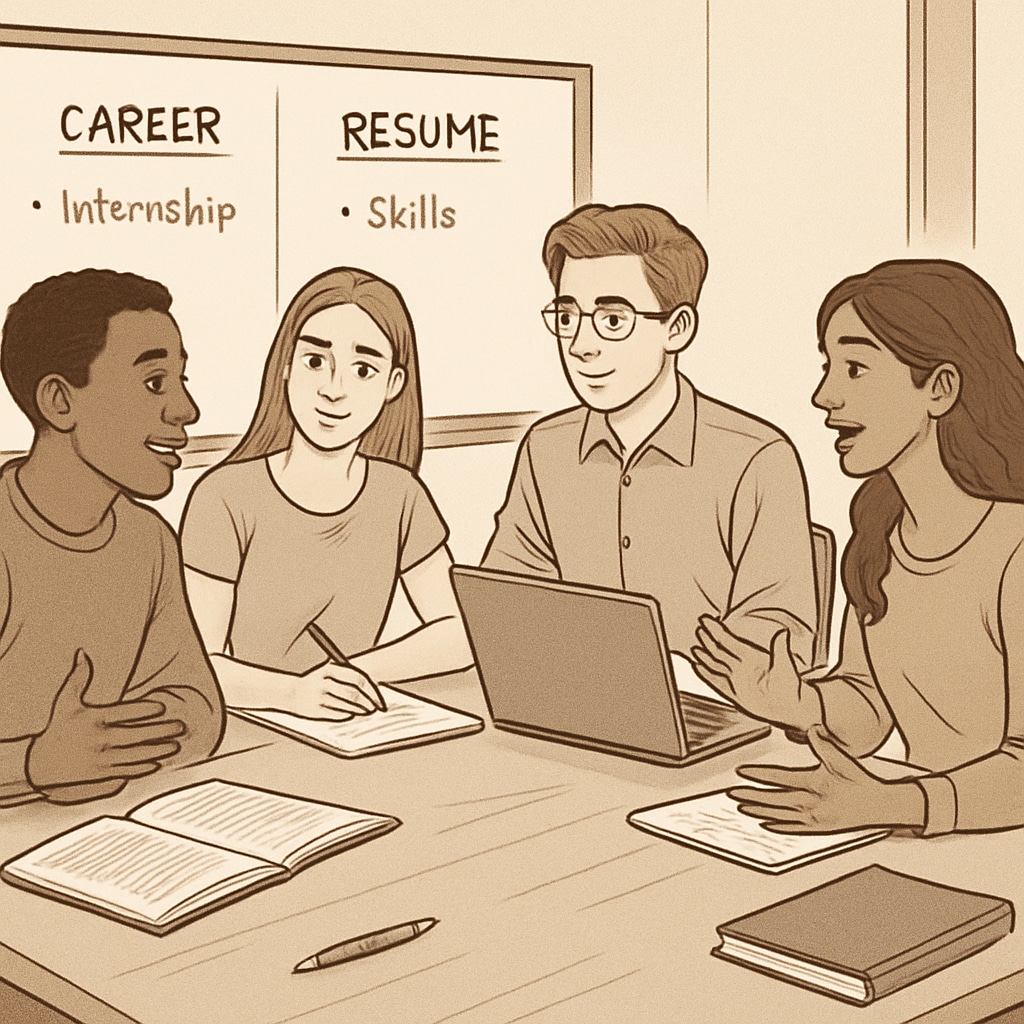 Canadian students discussing resume preparation in a classroom setting.