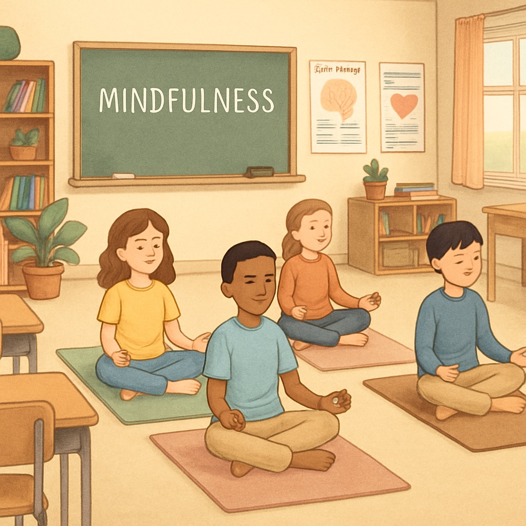 A serene classroom environment promoting mindfulness and holistic learning. Students engaging in yoga or meditation exercises. Classroom promoting mindfulness through yoga and meditation