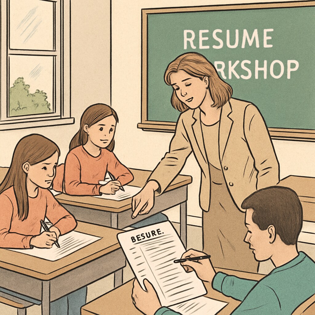 Teacher guiding students through resume-building exercises in Canada.