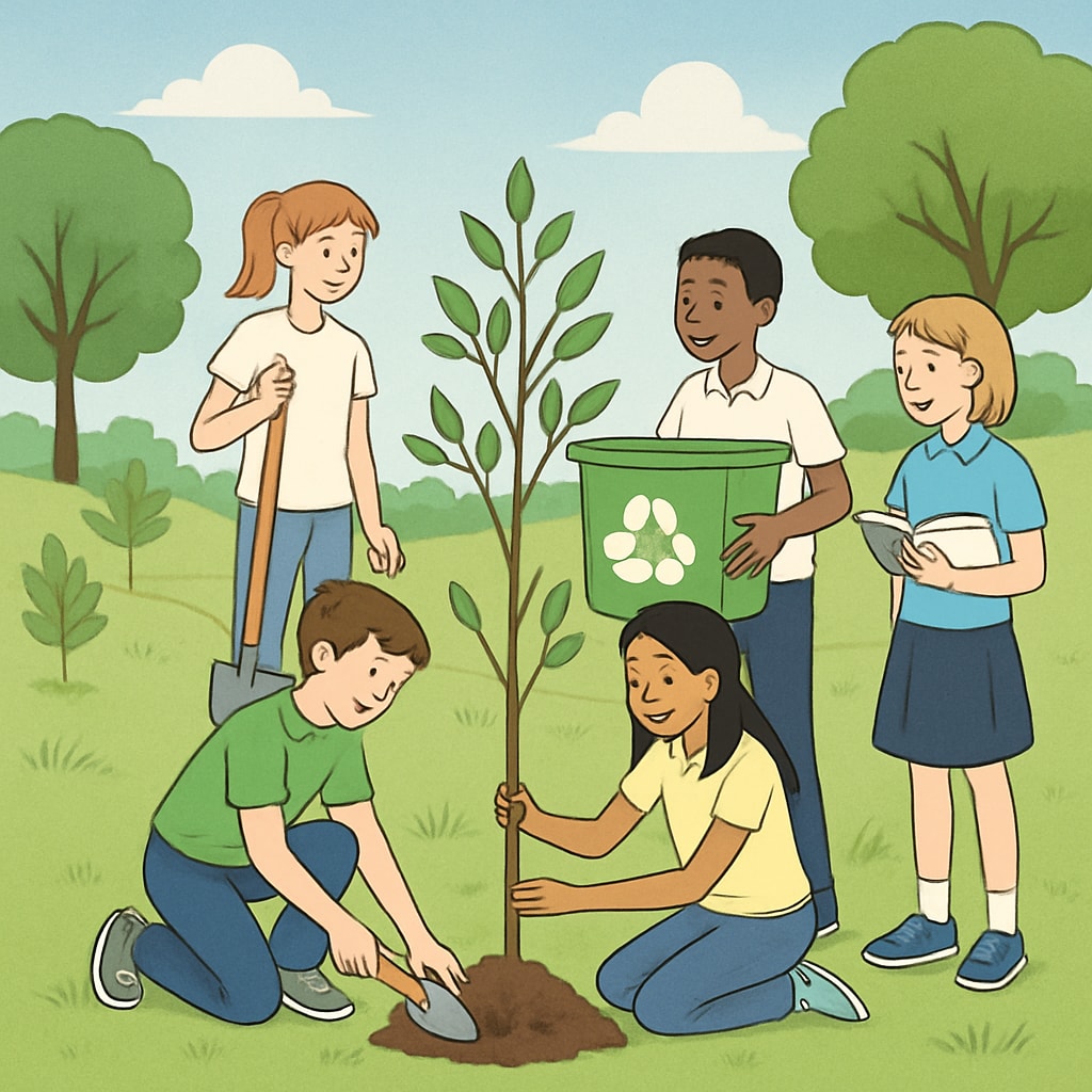 A group of students participating in an outdoor sustainability project, planting trees or learning about recycling. Students in an outdoor sustainability project planting trees