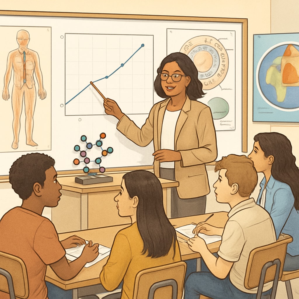 A high school science teacher assisting a diverse group of students, using visual aids like charts and models to support the learning of English learners. High school science teacher using visuals to support English learners in science classroom.