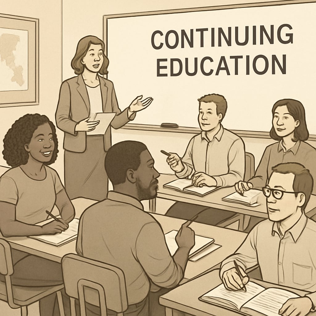 Adults in a continuing education class, representing growth opportunities beyond high school diplomas.