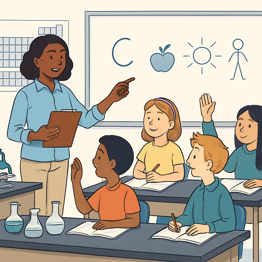A teacher conducting a language assessment with a diverse group of students in a science classroom. Teacher assessing ELL students' language proficiency in a science classroom.