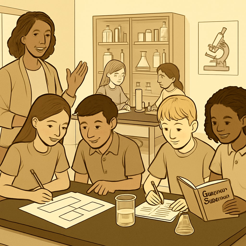 Students using graphic organizers and bilingual glossaries during a science lab activity, showcasing differentiated instruction techniques. Students using bilingual glossaries and organizers for science learning.