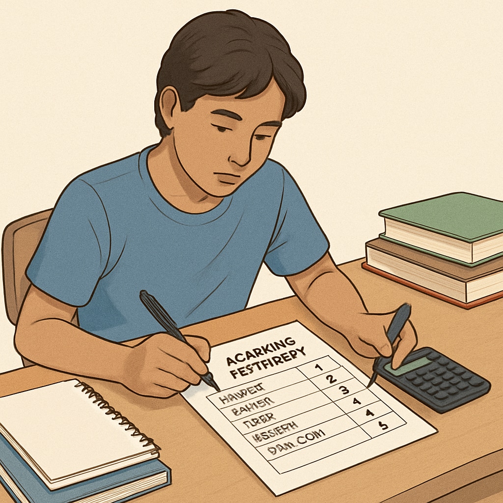 A student reviewing their transcript with a calculator and pen, representing academic planning and grade evaluation. Student analyzing grades, representing academic planning for college applications.
