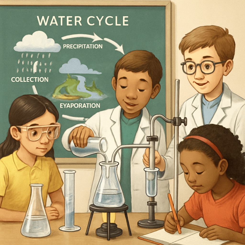 Students working together in a science lab, engaging in an experiment related to the water cycle. ELL students in a science lab experimenting with the water cycle concept.