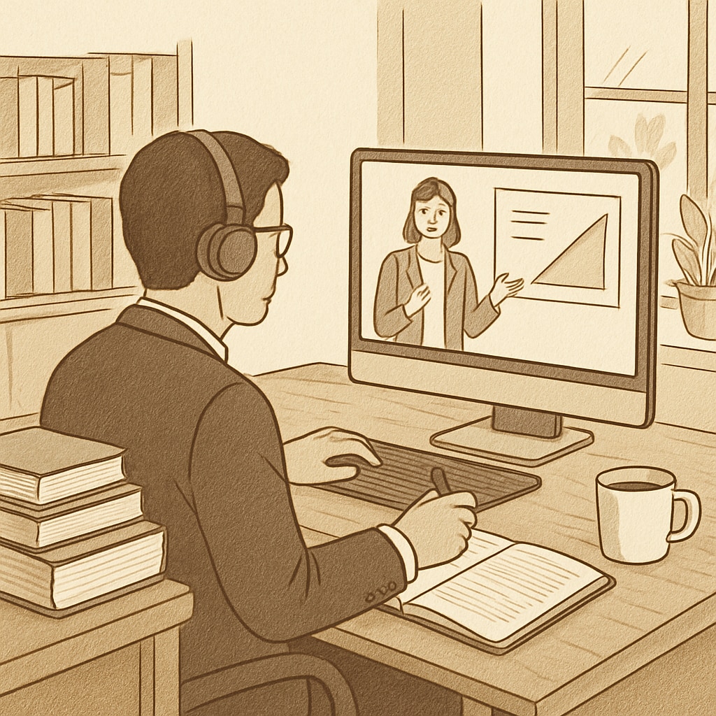 A professional attending an online class after work, symbolizing the balance between career and education. A professional balancing a master's degree pursuit with their full-time job.