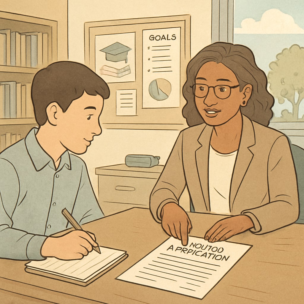 A high school student consulting with a guidance counselor about college applications, emphasizing holistic planning. Student discussing college application strategies with a counselor.