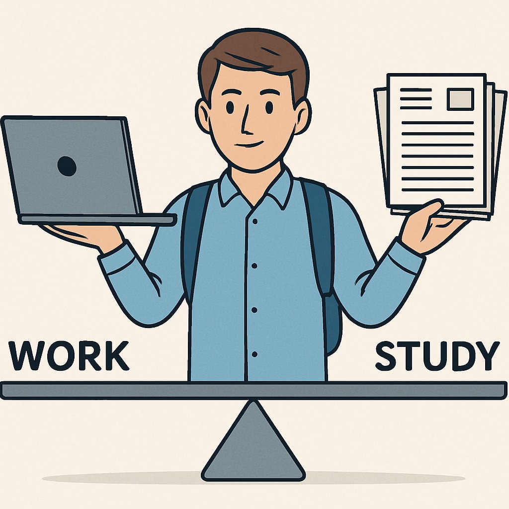 A student balancing a laptop on one side and work documents on the other, symbolizing the dual responsibilities of work and study. A working professional managing time between career commitments and academic goals.