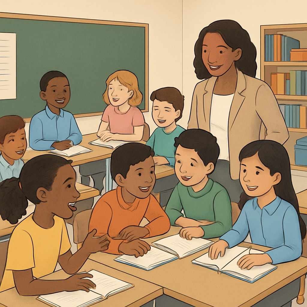 Diverse students in a classroom discussing and collaborating.