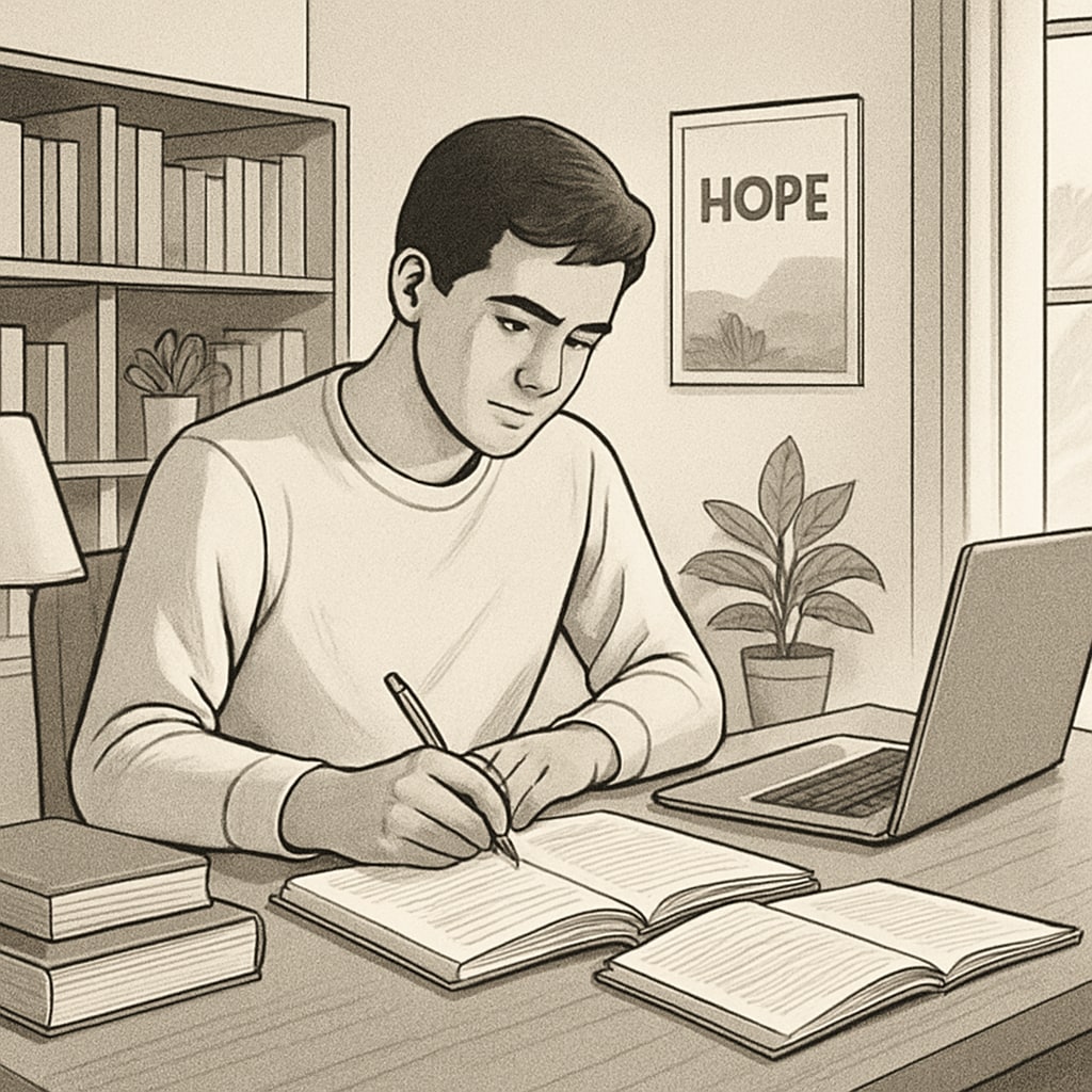 A young adult reviewing educational materials at home, symbolizing academic recovery. The image should reflect a positive and hopeful tone, emphasizing individual effort and determination. Young adult reviewing educational materials at home for academic recovery.