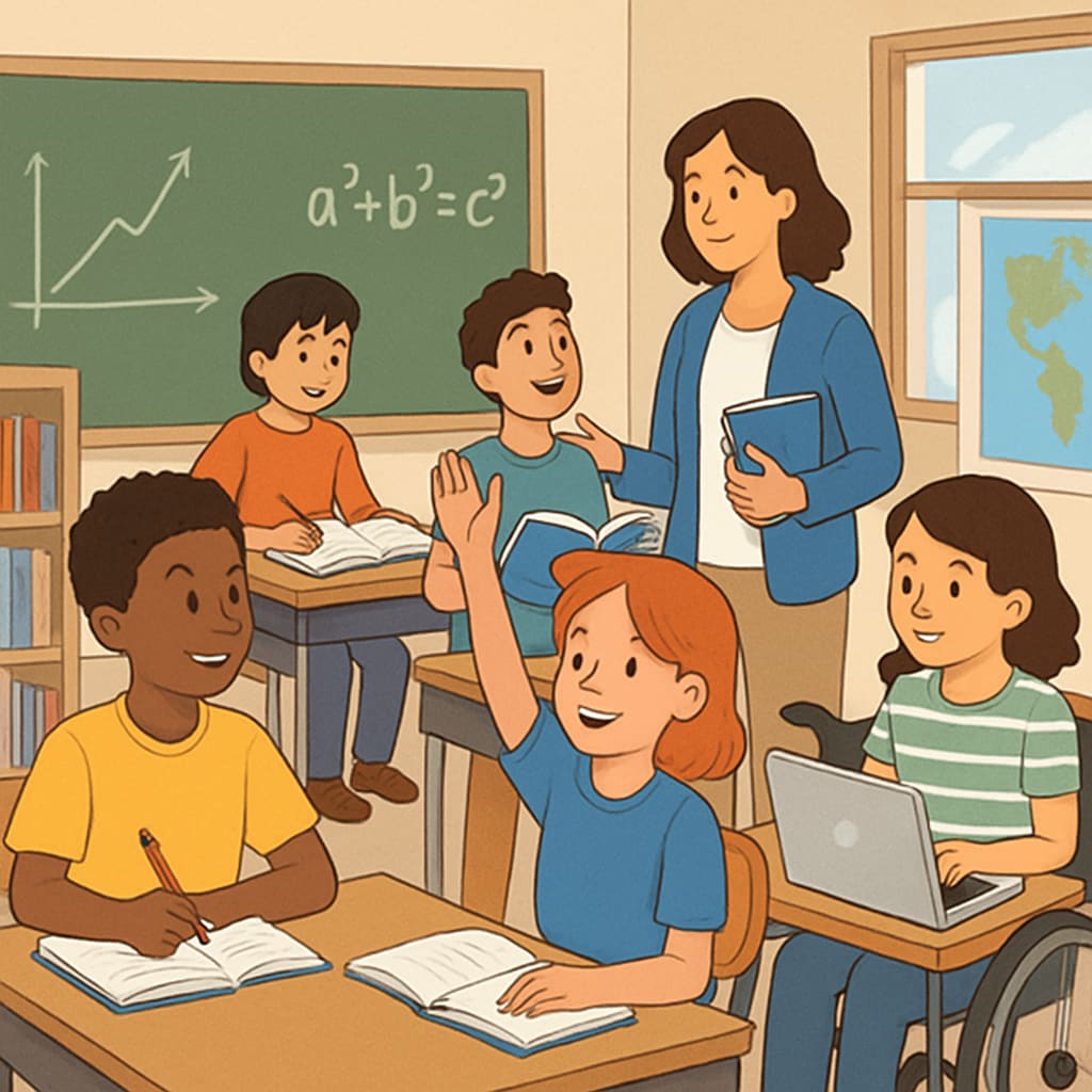 A classroom setting with diverse students engaged in learning activities, illustrating re-engagement in education. The image should represent inclusivity and active participation in a supportive environment. Classroom setting with diverse students engaged in learning activities for education recovery.