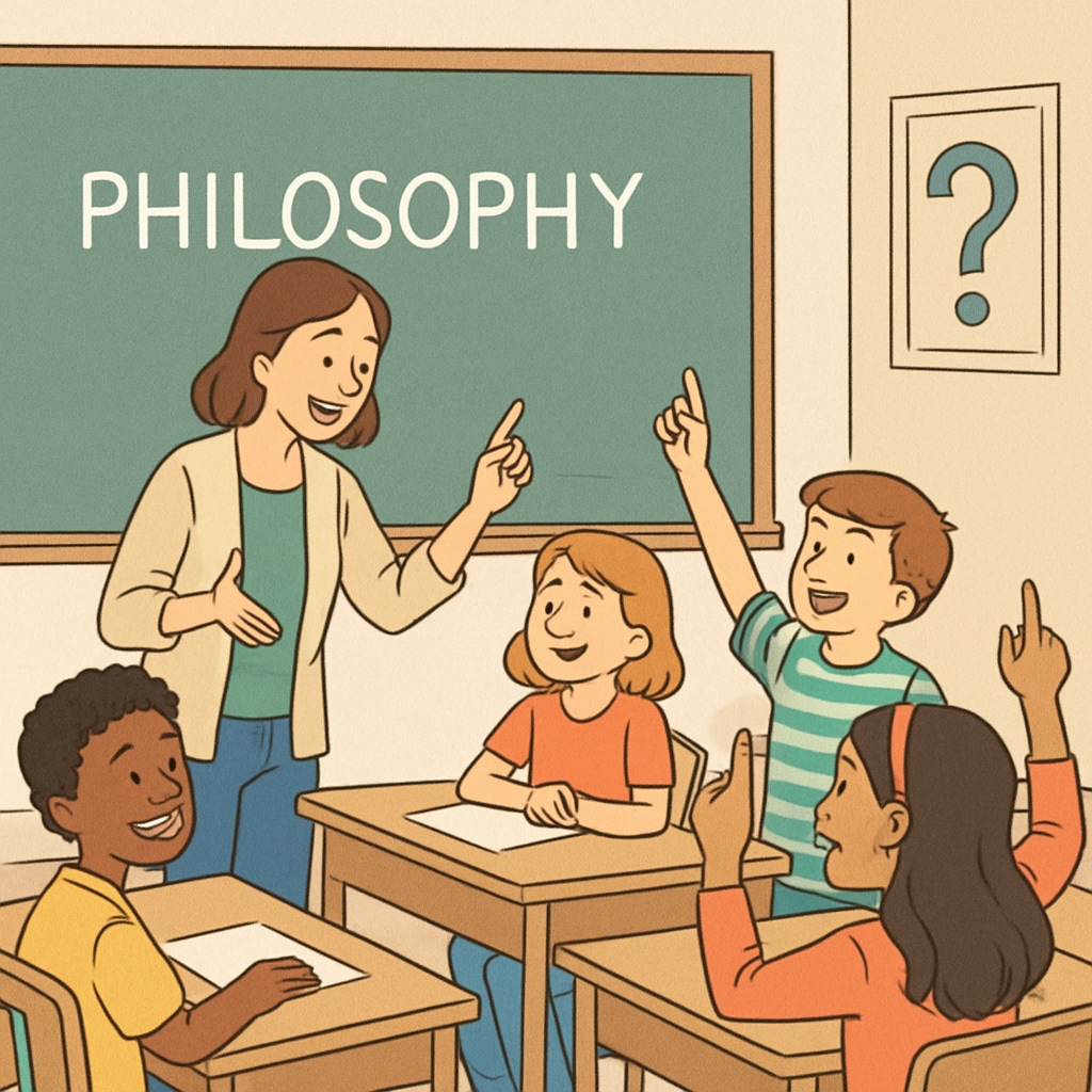 Teacher discussing philosophy with students to highlight the importance of critical thinking in K12 education.