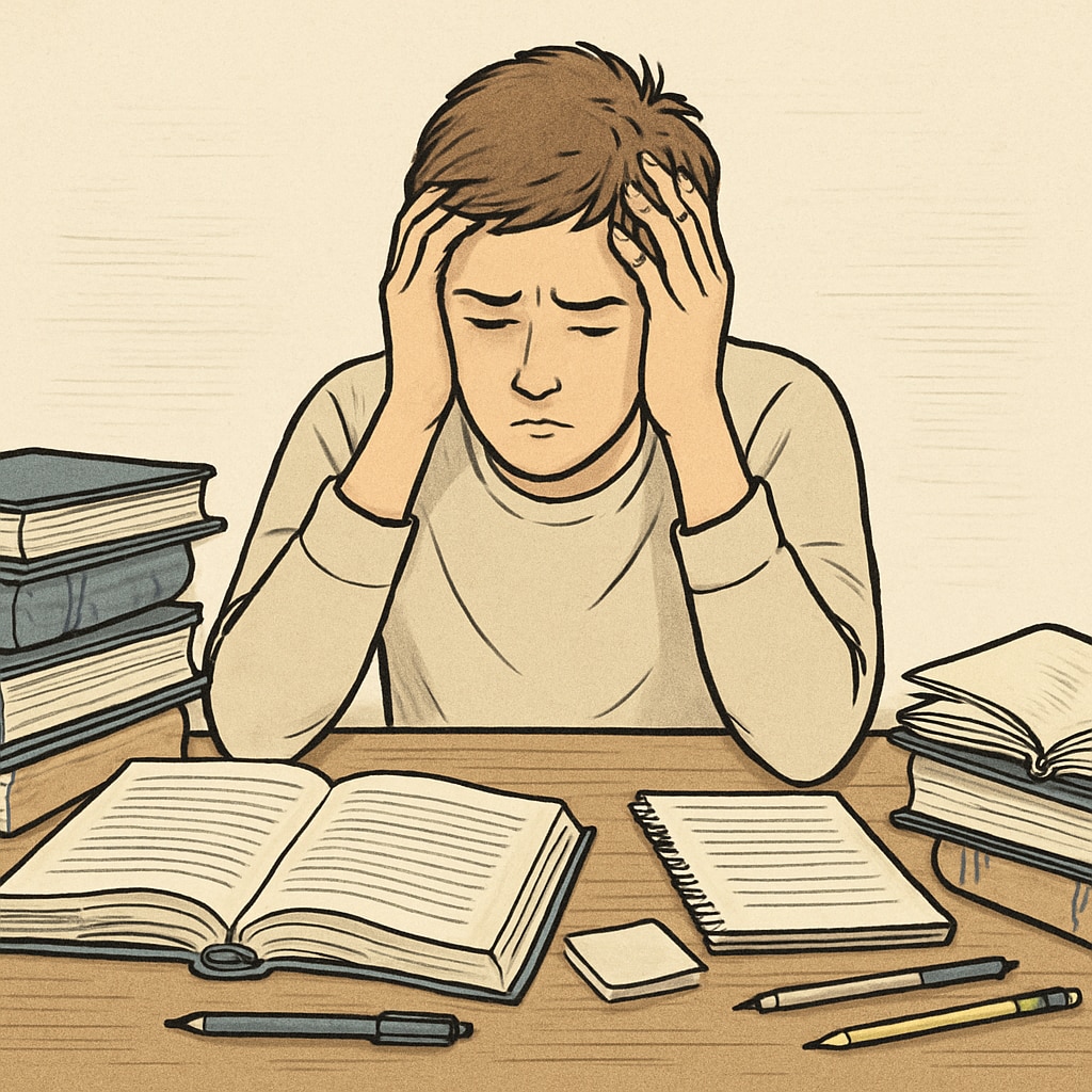 A stressed student sitting at a desk, surrounded by textbooks and work materials. A high school student overwhelmed by balancing work and academics.