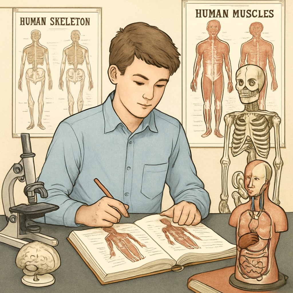 High school student learning anatomy for nursing preparation