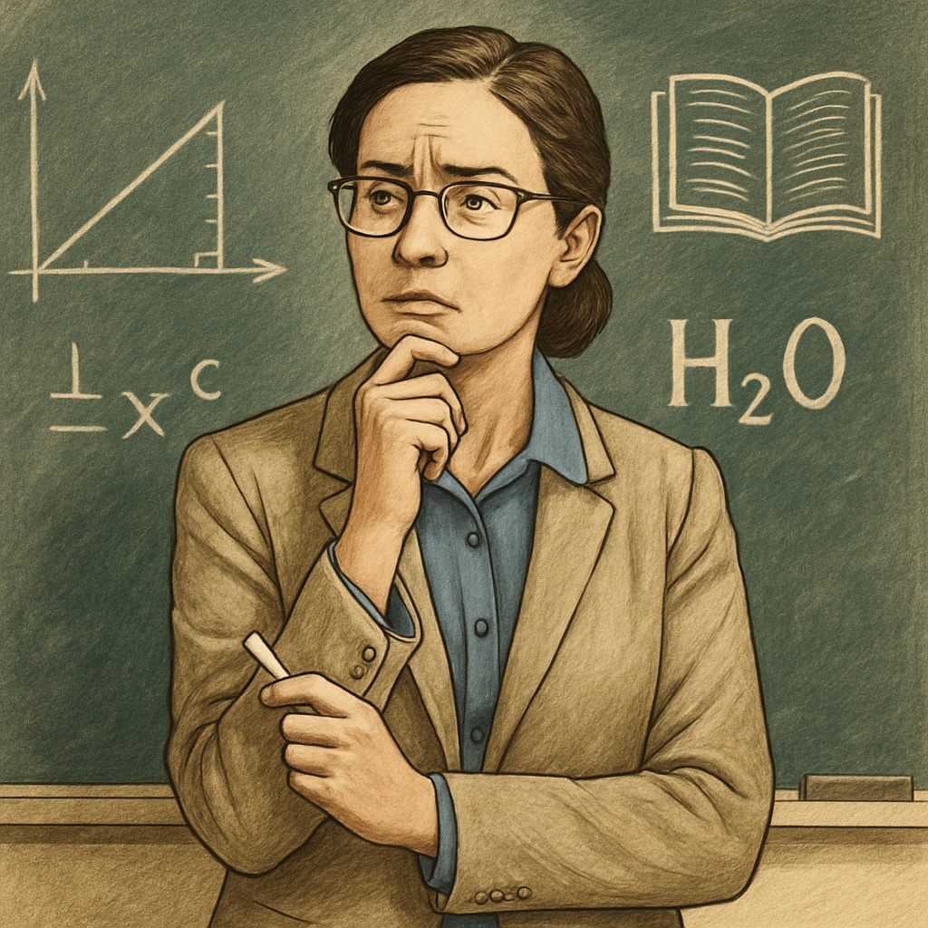 A concerned teacher standing in front of a chalkboard, symbolizing the challenges faced by educators under restrictive policies. Teacher in front of a chalkboard, highlighting political screening concerns in Oklahoma.