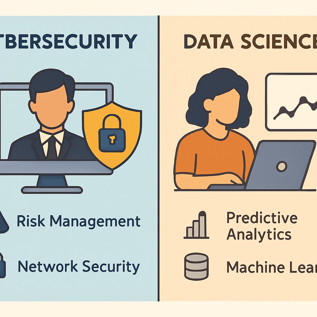 Comparison of cybersecurity and data science roles for career choice guidance.