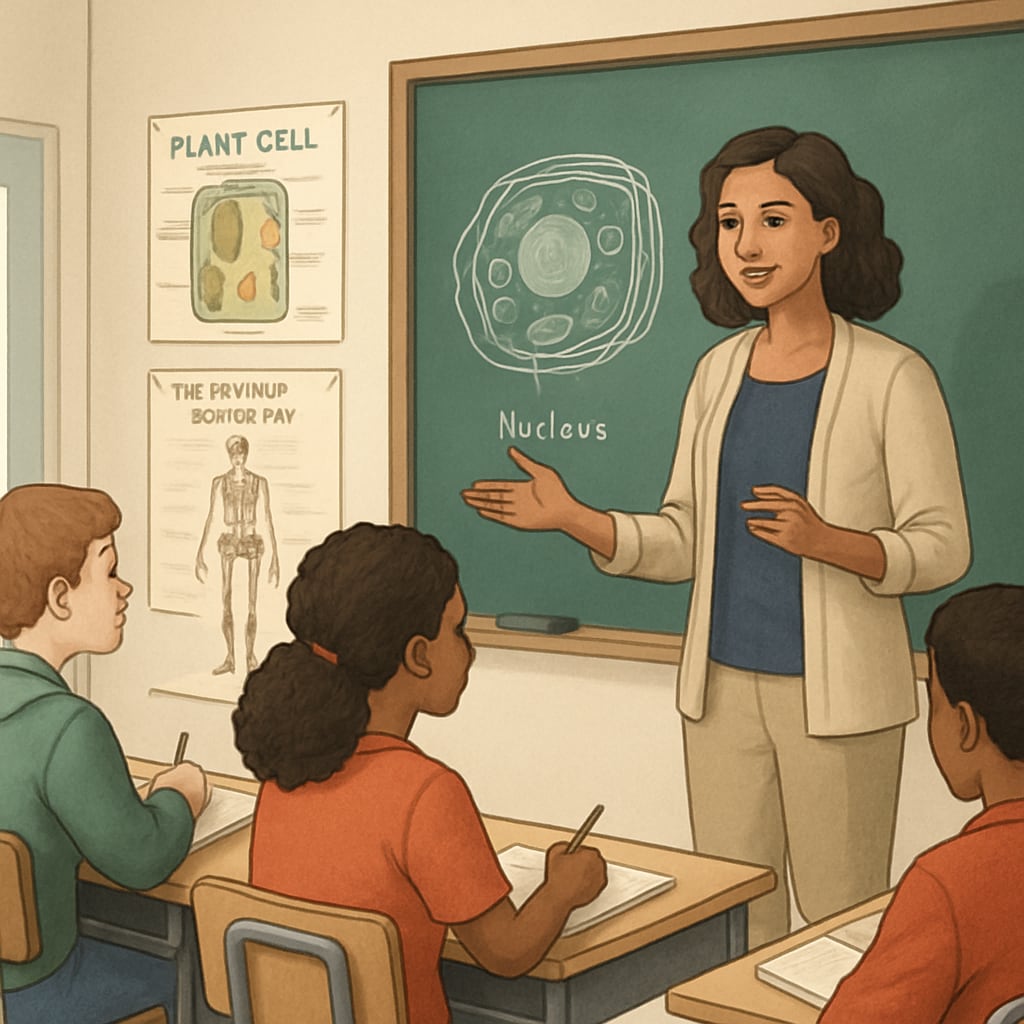 A classroom setting showing a teacher explaining a biology concept to engaged students. The image emphasizes the role of biology graduates in K-12 teaching. Biology graduate teaching in a classroom, transitioning to education.