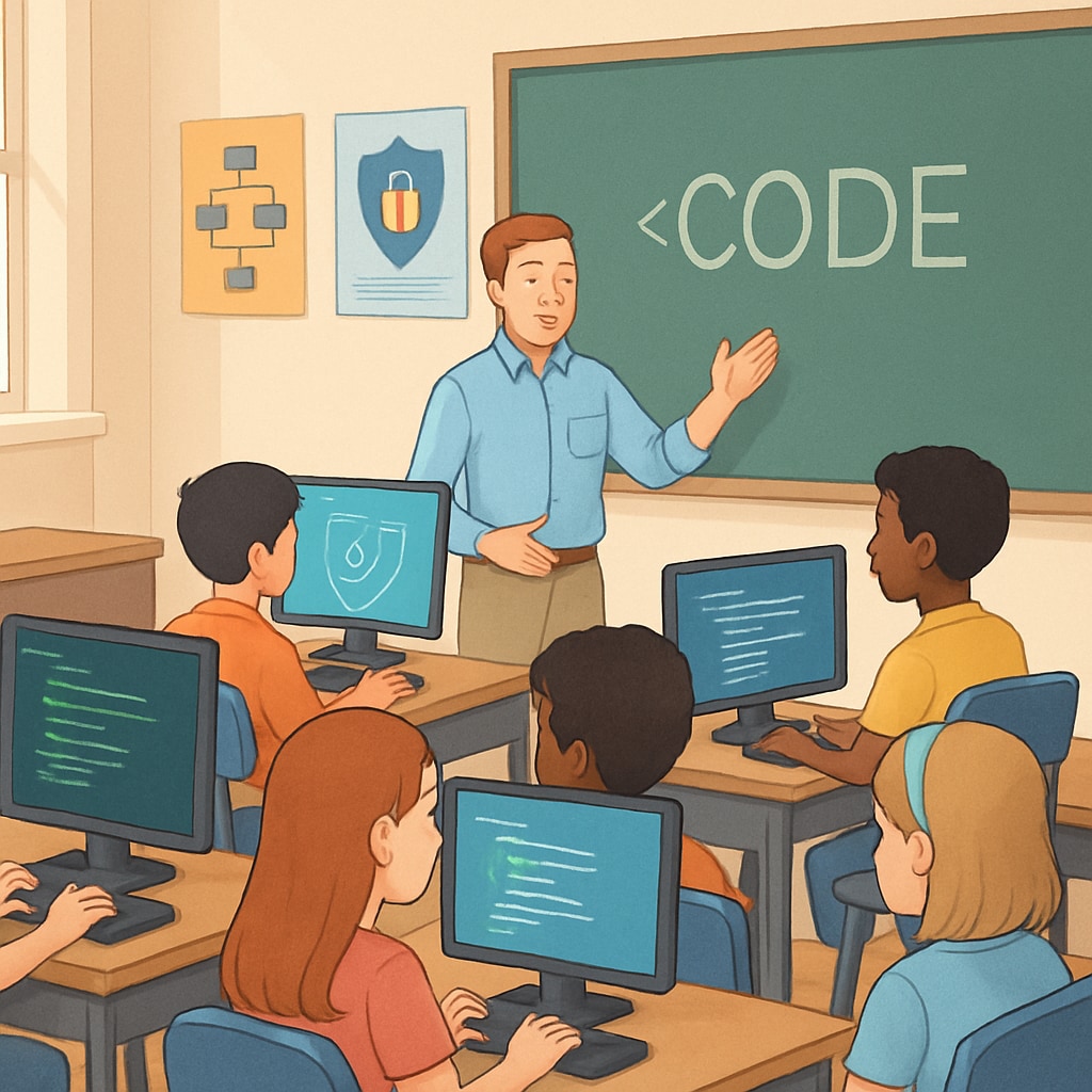 Students learning programming or cybersecurity basics in a K12 classroom.