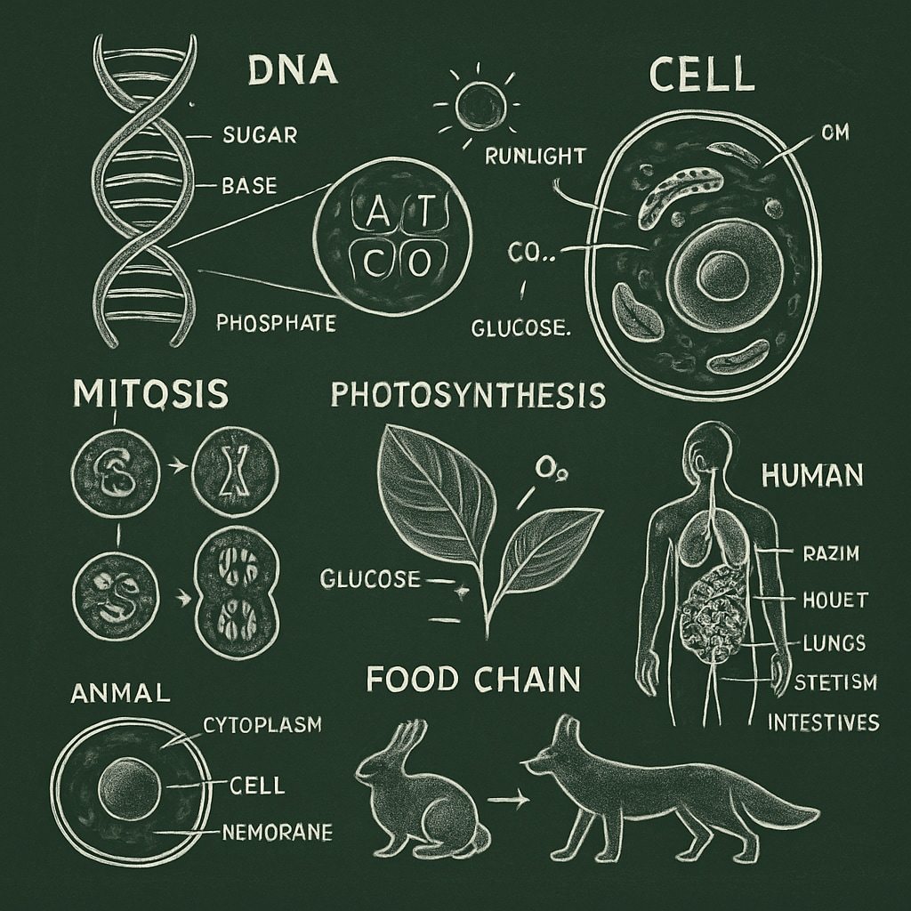 A close-up of a biology-themed chalkboard lesson plan, illustrating the integration of scientific expertise into teaching. Biology-themed chalkboard lesson plan for STEM education.