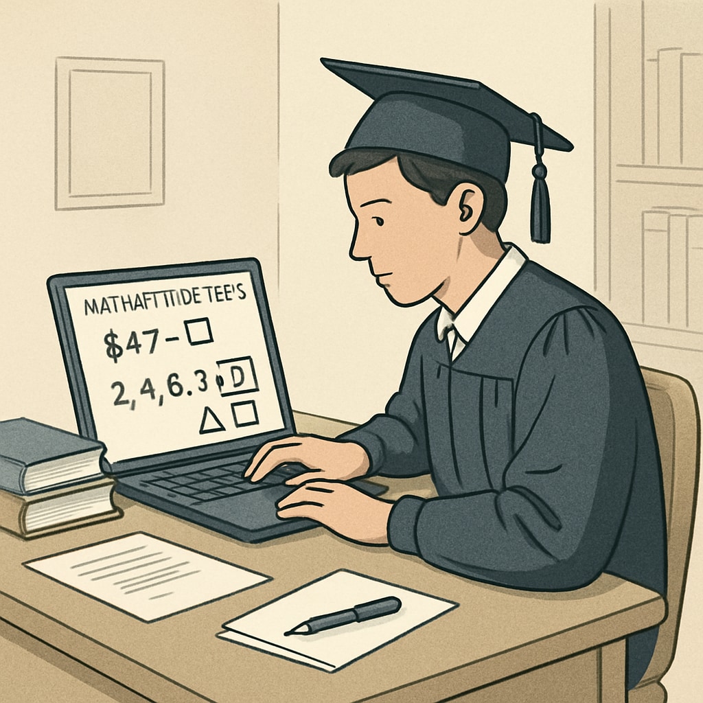 A professional image showing a young graduate practicing math aptitude tests on a laptop at a study desk. Math aptitude tests practice for campus recruitment success