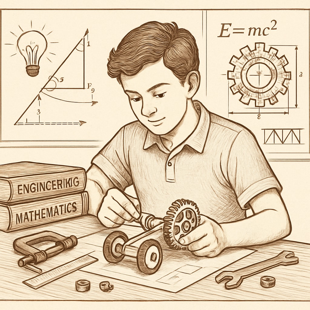 A student working on an engineering project while reviewing educational materials, symbolizing the integration of education and engineering fields. Student integrating education and engineering concepts in a project.