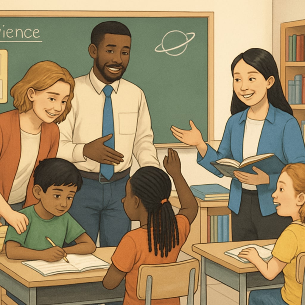 A diverse group of teachers engaging with students in a classroom setting, symbolizing inclusivity and education. This image represents the importance of diversity in teaching, which may be challenged by political screening policies. Diverse teachers in a classroom, Oklahoma education challenges