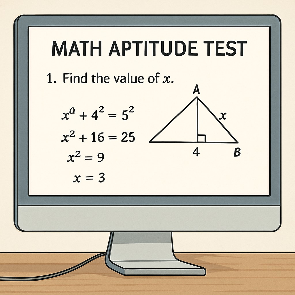 A detailed image of a math aptitude test question displayed on a computer screen, showing problem-solving in progress. Solving math aptitude test questions for campus recruitment