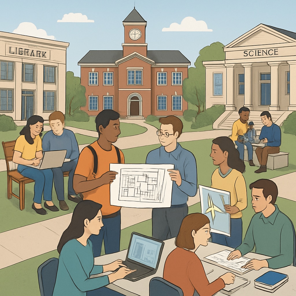 A university campus with students collaborating on interdisciplinary projects, reflecting the dual degree experience. University students engaging in interdisciplinary teamwork for dual degree programs.