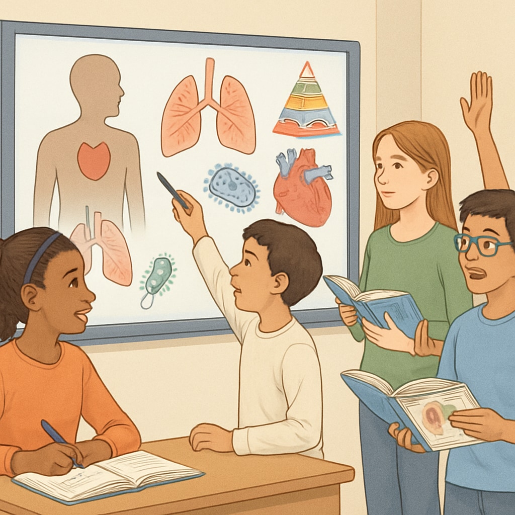 A group of diverse students in a classroom, engaging with interactive health and science materials. Students interacting with medical education resources in a K12 classroom setting.
