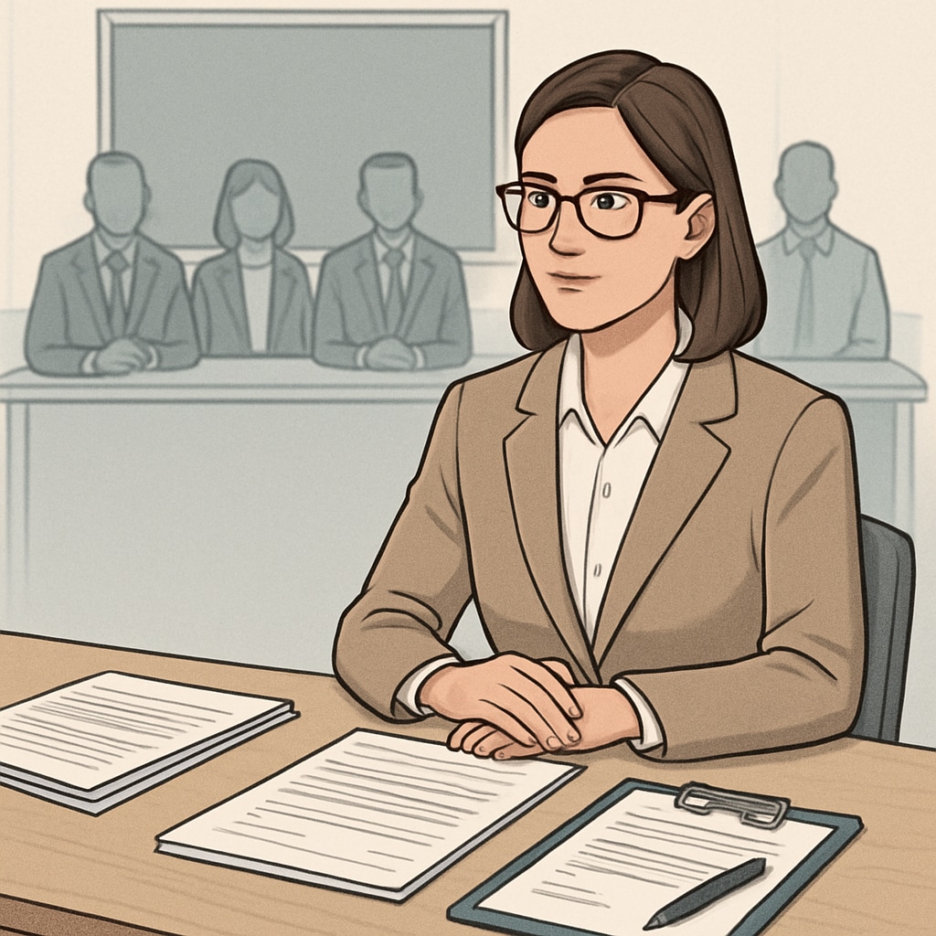 A teacher being interviewed or undergoing an application process, illustrating the scrutiny involved in Oklahoma's political screening policy for teacher applications. Teacher undergoing application screening, Oklahoma policy implications