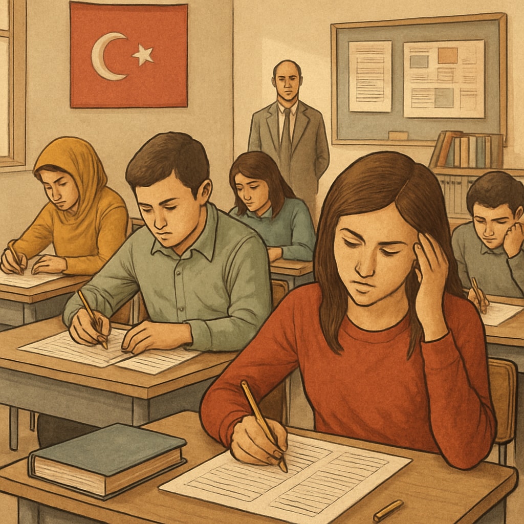 Turkish students preparing for standardized exams, reflecting the exam-driven education system.