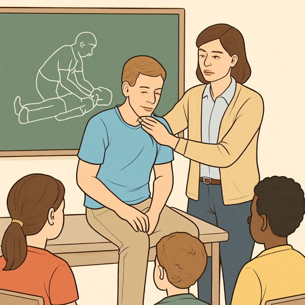 A teacher demonstrating basic first aid techniques to a group of attentive students. Non-medical learners observing first aid techniques in a classroom environment.