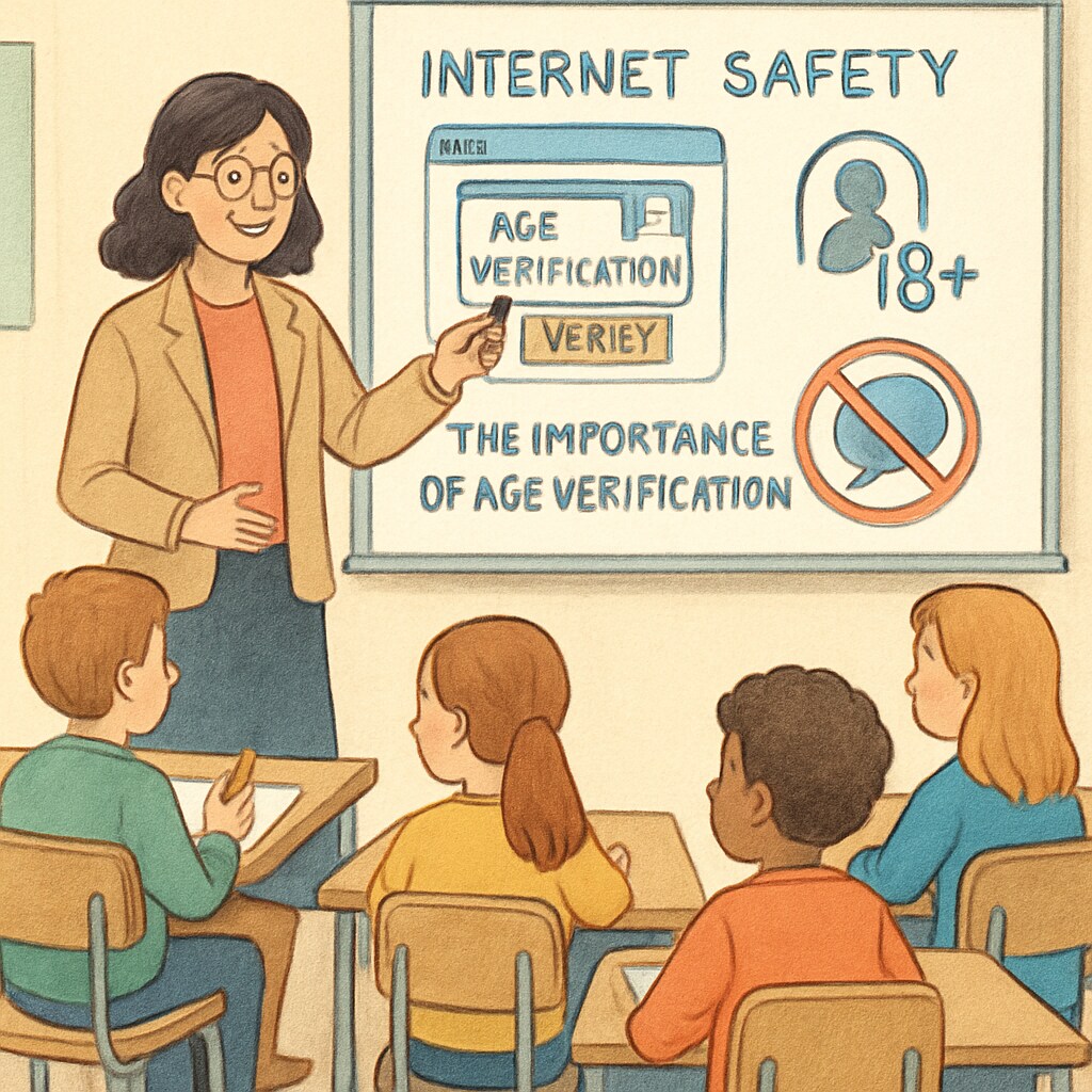 A teacher explaining internet safety to students in a classroom, emphasizing the importance of online age verification systems. Age verification and internet safety in a classroom environment.