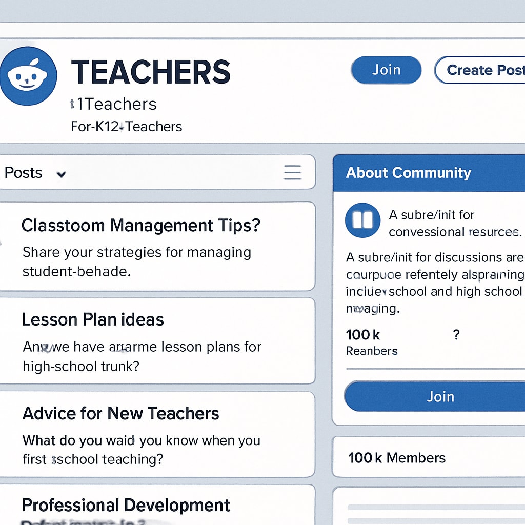 A screenshot of the r/Teachers subreddit homepage, showcasing discussions and resources tailored to K12 educators. Screenshot of r/Teachers subreddit with posts on K12 education topics.