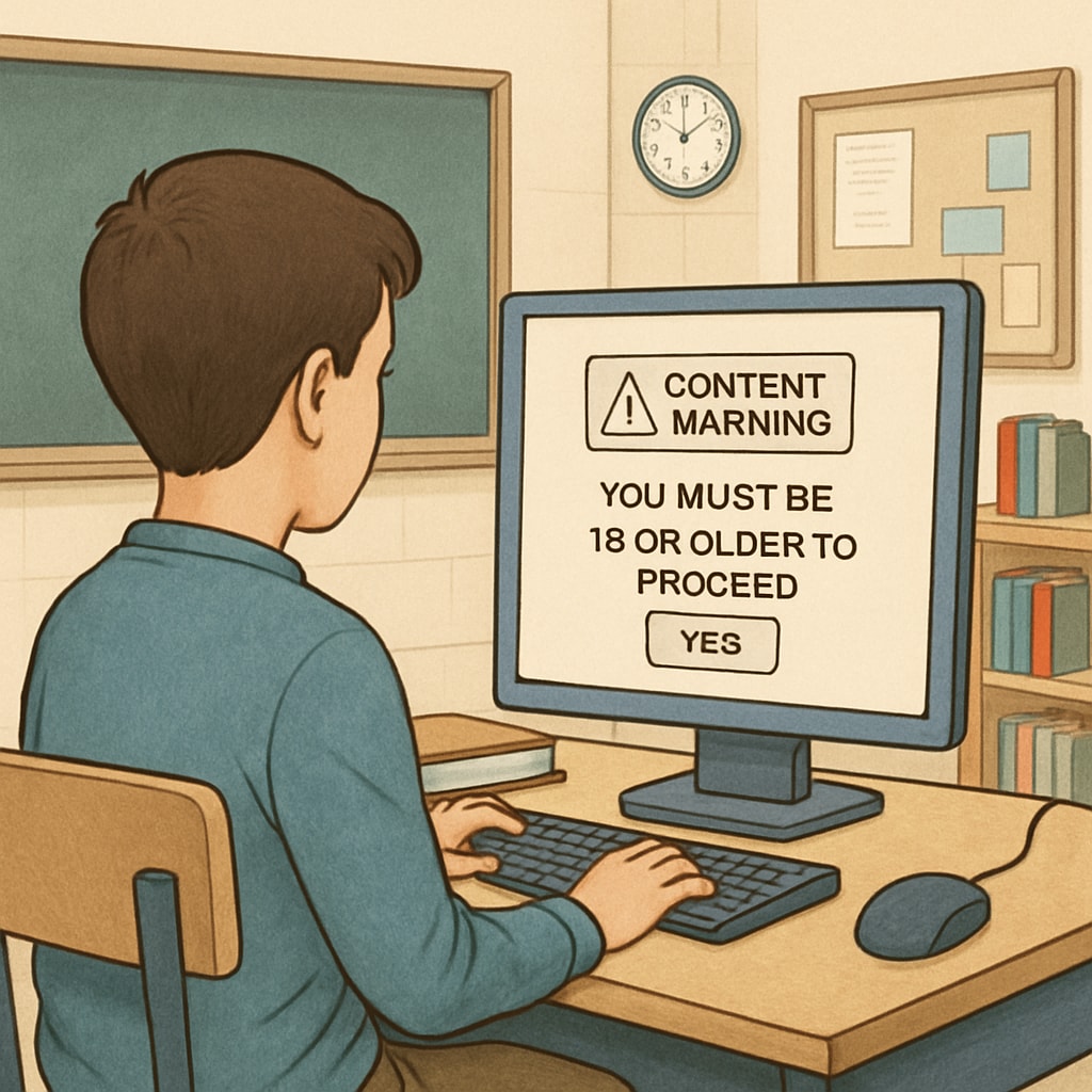 A student using a school computer, encountering a content warning or age verification prompt while accessing educational materials. Student facing content restrictions due to internet age verification laws.