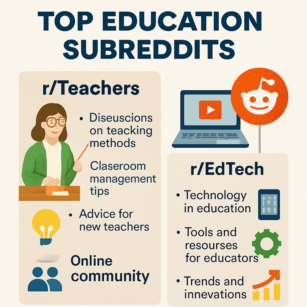 An infographic summarizing the features of top education subreddits like r/Teachers and r/EdTech. Infographic of top Reddit education subreddits and their focus areas.
