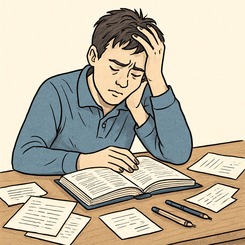 A stressed student studying at a desk, surrounded by books and notes. A student experiencing academic anxiety while preparing for GCSE exams, highlighting the pressure of academic performance.