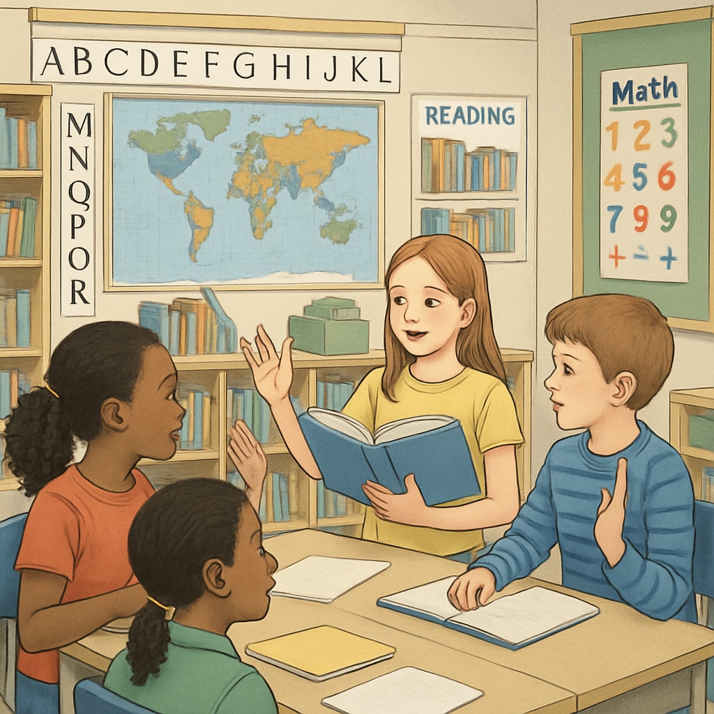 An elementary classroom with students engaging in a group discussion about a book, with books and posters visible in the background. Students discussing a book in class to improve comprehension and critical thinking.