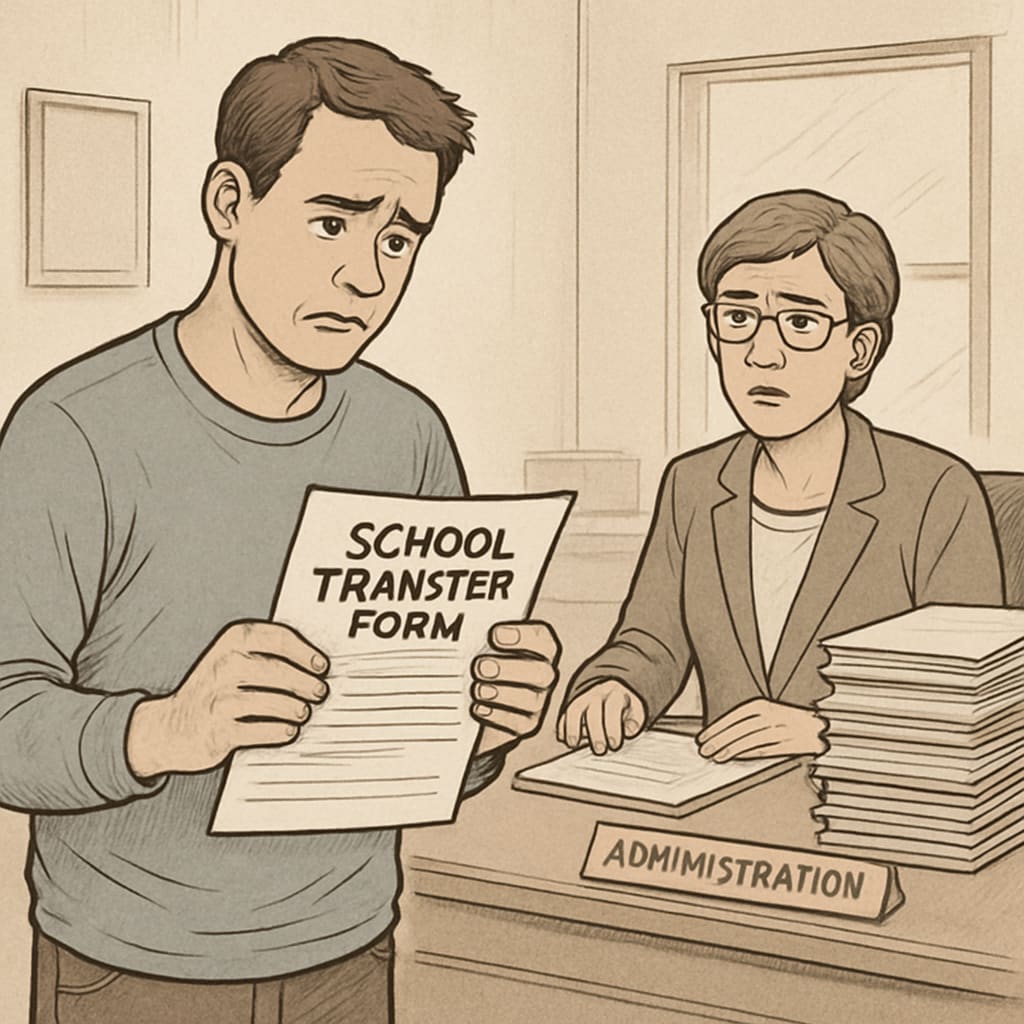 A frustrated parent holding transfer forms at a school administration office, symbolizing obstacles in the transfer process. Parent frustrated by school district transfer barriers
