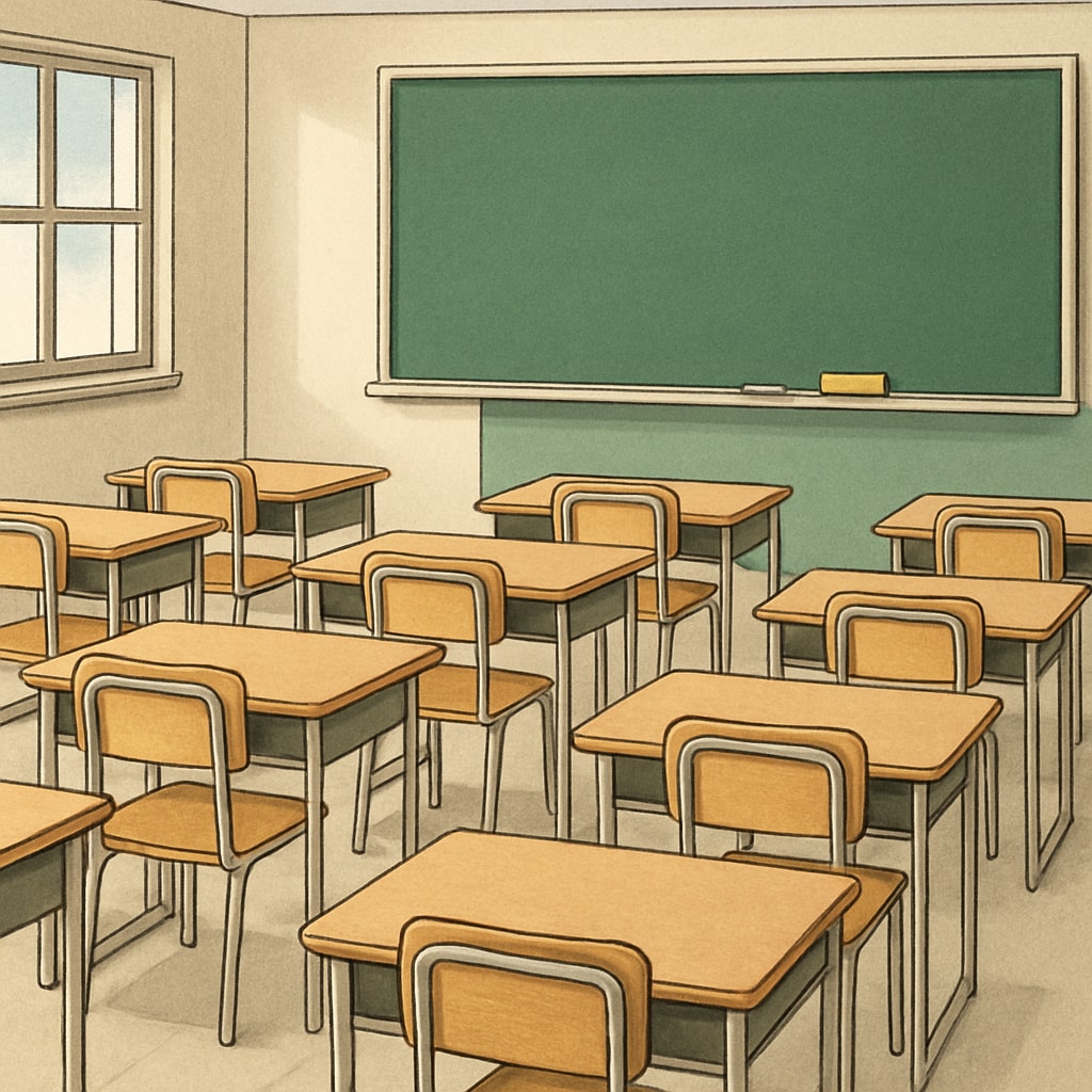 A classroom with empty desks and a chalkboard, symbolizing the absence of teachers during a coordinated protest. Empty classroom representing